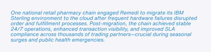 Text describing a pharmacy chain's cloud migration for improved stability and compliance