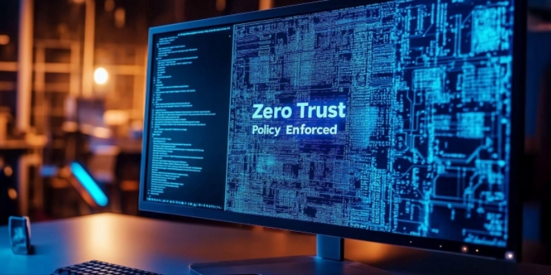 Dual monitors displaying Zero Trust security policy text