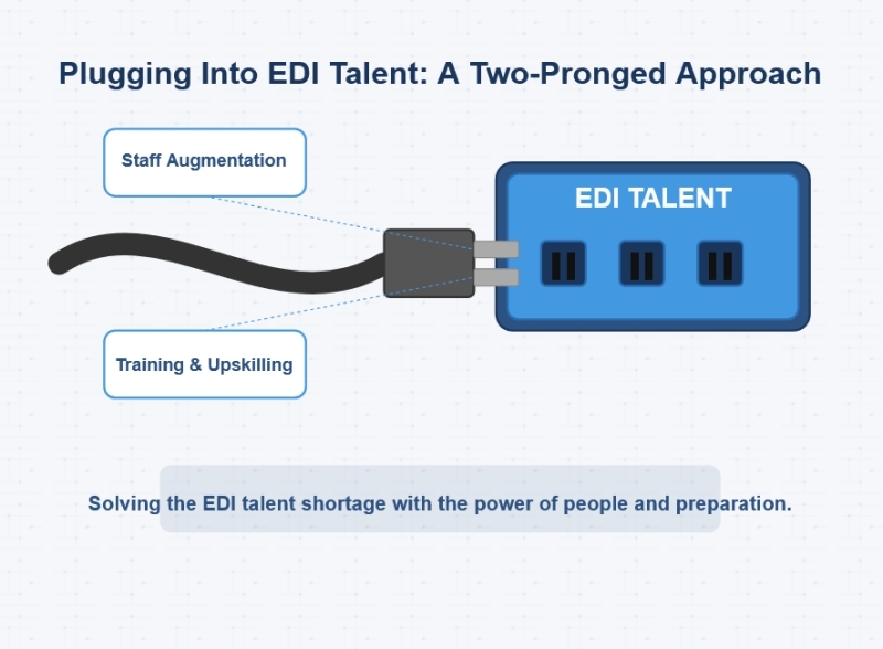Illustration of EDI talent sourcing with plug-in graphics and labels