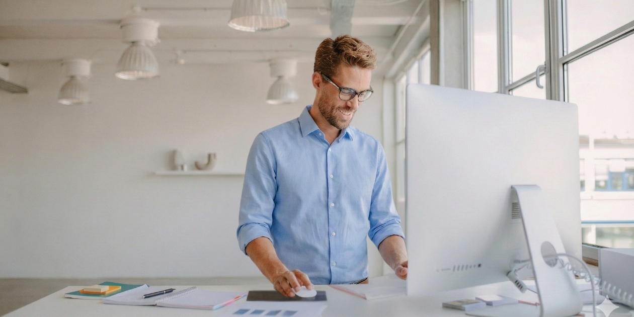 Smiling businessman working at modern office desk with computer
