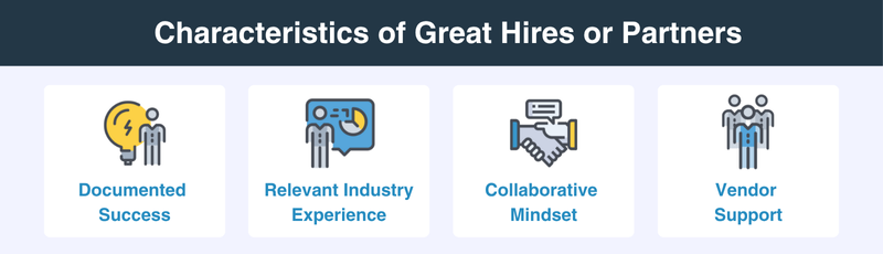 Icons: Documented Success, Relevant Experience, Collaborative Mindset, Vendor Support