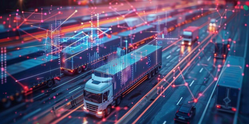 Trucks and automobiles on a highway.