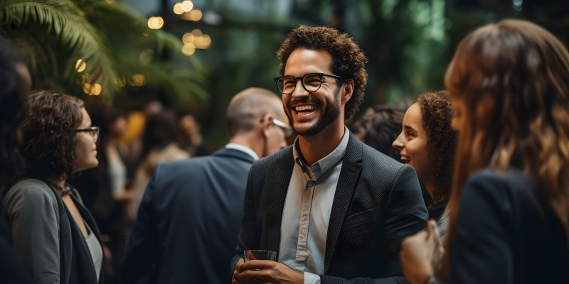 Smiling engaging network professionals at an outside event.