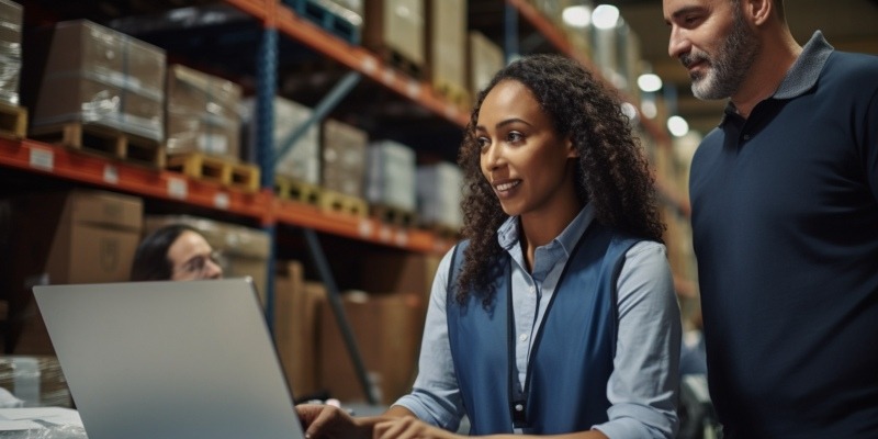 Warehouse staff using laptop for EDI evolution monitoring