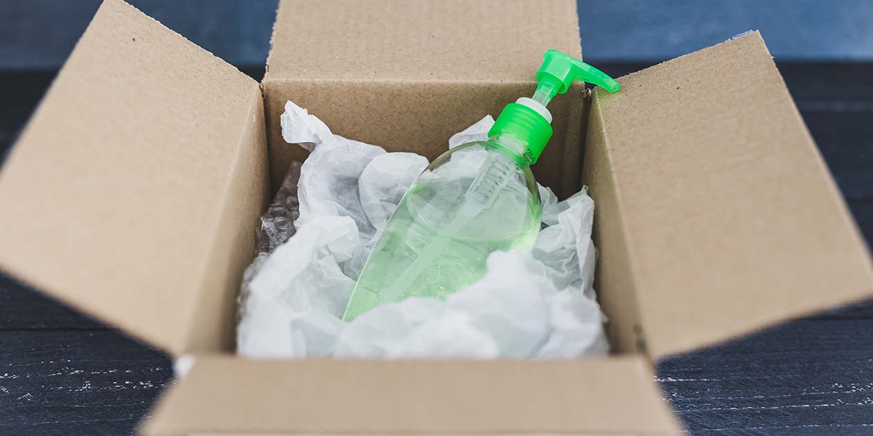 This is a picture of a delivery containing a bottle of hand sanitizer. The photograph represents a Remedi client use case for APIs. During the pandemic, Remedi helped this manufacturer of hand sanitizer pivot away from traditional distribution channels and connect to online marketplaces like Walmart and Amazon. 